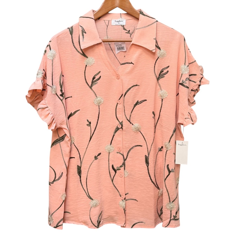 Sapphire Blouse Women 2X Peach Floral Embroidered Ruffle‎ Sleeve Button Up Top